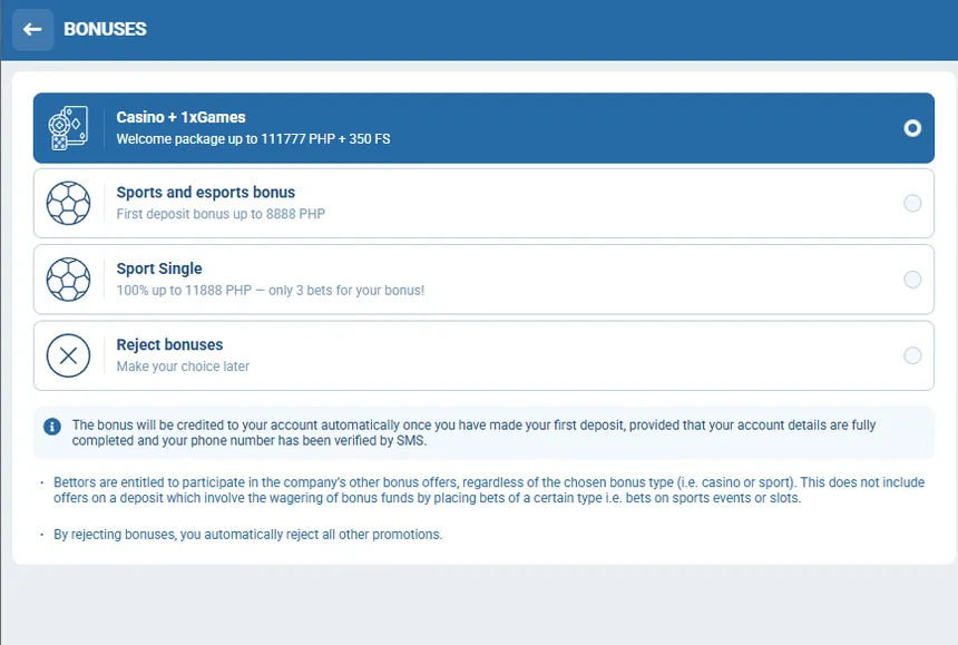 1xBet bonuses screen with three welcome options and the reject option