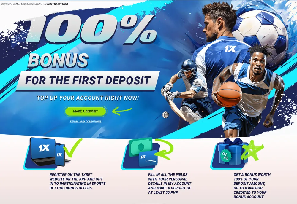 1xBet 100% first deposit bonus promotion page
